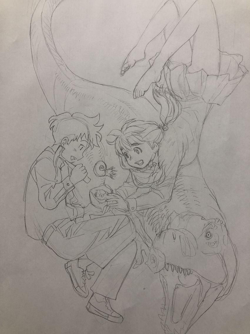 1boy, 1girl, ammonite, dinosaur, floating, fossil, full_body, hammer