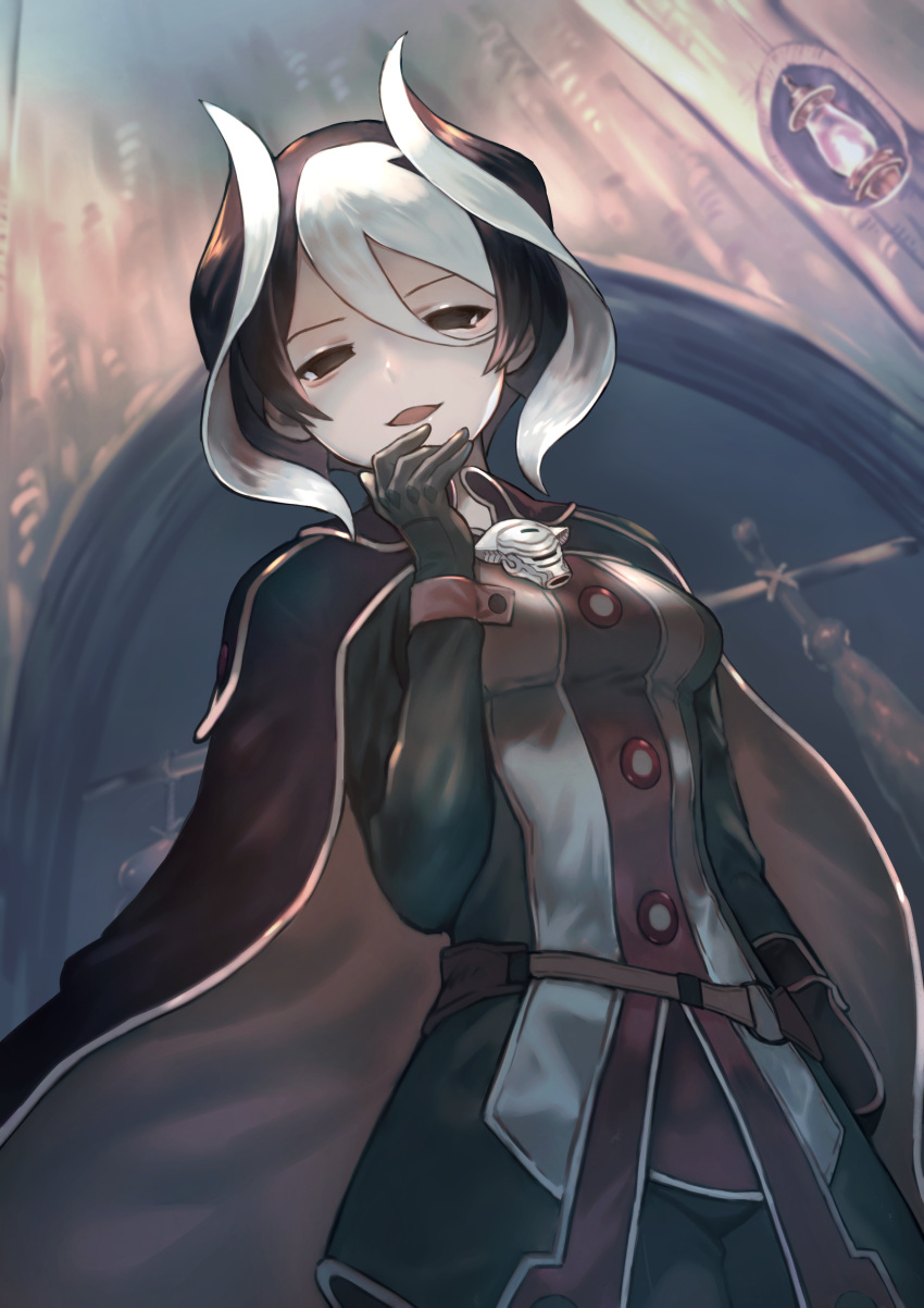 1girl, absurdres, arm_at_side, bags_under_eyes, belt, belt_pouch, black_cape, black_coat