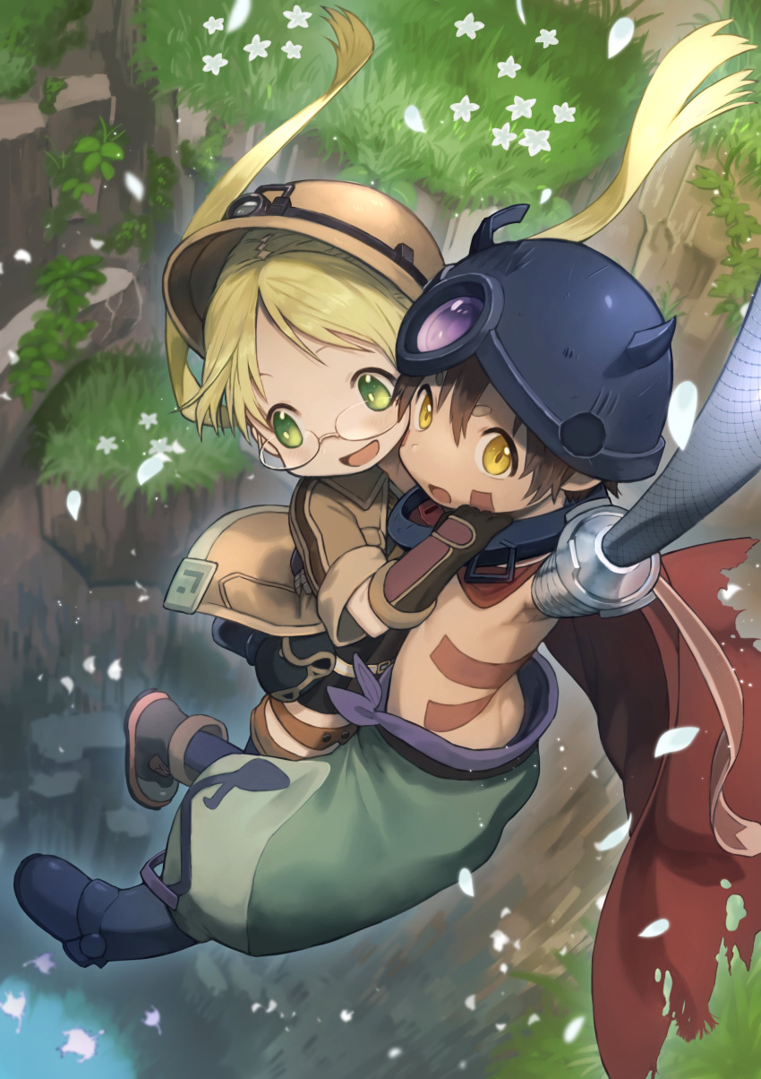 1boy, 1girl, absurdres, arm_up, black_shorts, brown_footwear, brown_gloves, brown_hair