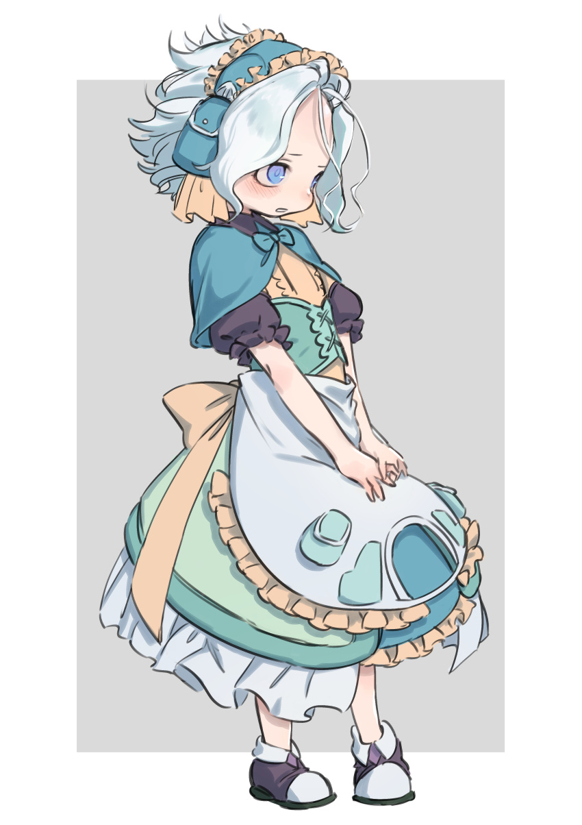 1boy, absurdres, alternate_color, androgynous, apron, aqua_bow, aqua_bowtie, aqua_capelet