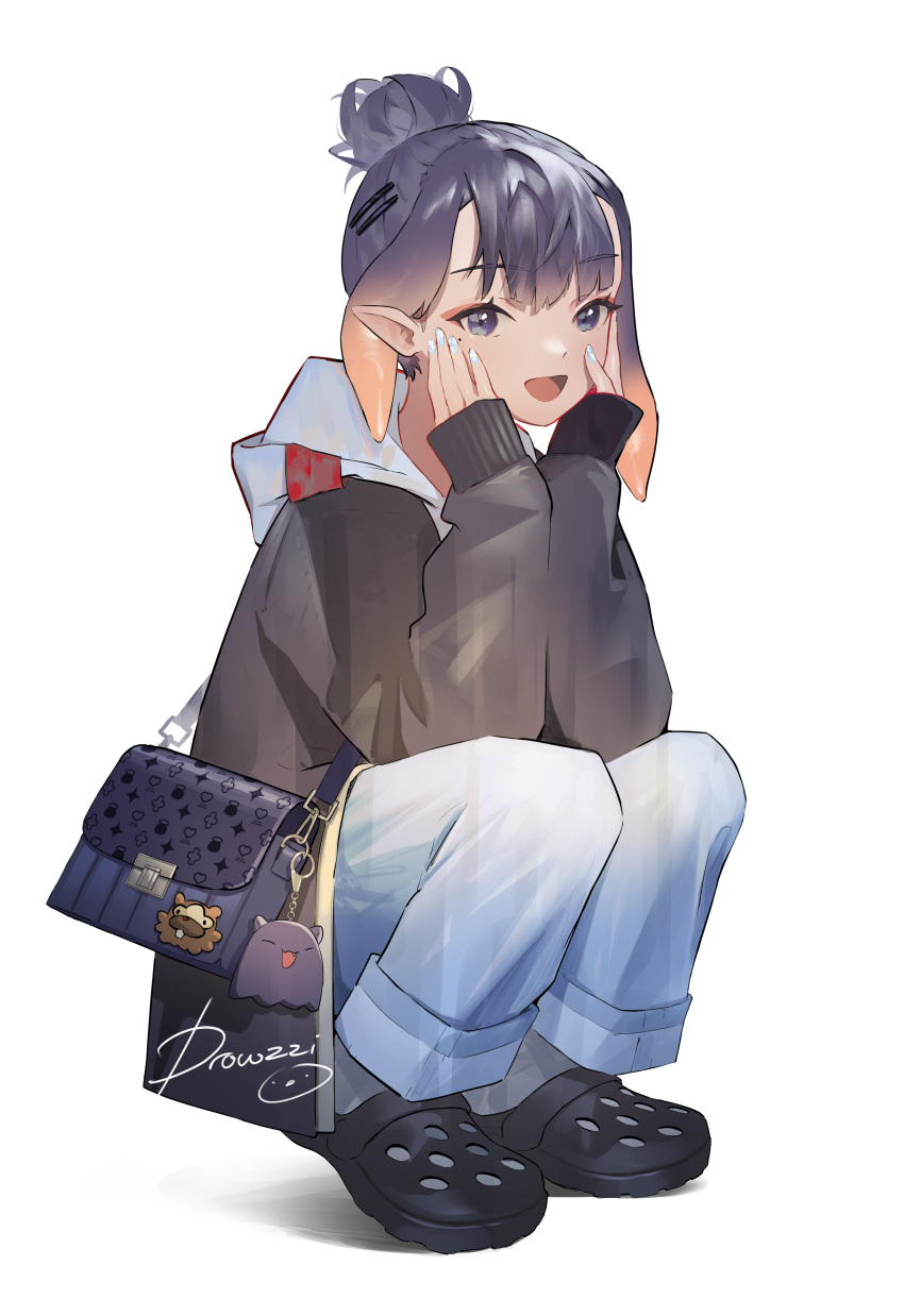 1girl, :d, absurdres, alternate_costume, alternate_hairstyle, bag, bidoof, blue_nails