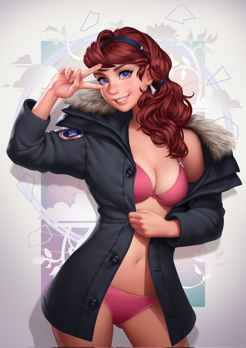 1girl, ass_visible_through_thighs, bikini, bikini_under_clothes, black_coat, black_hairband, breasts, brown_hair
