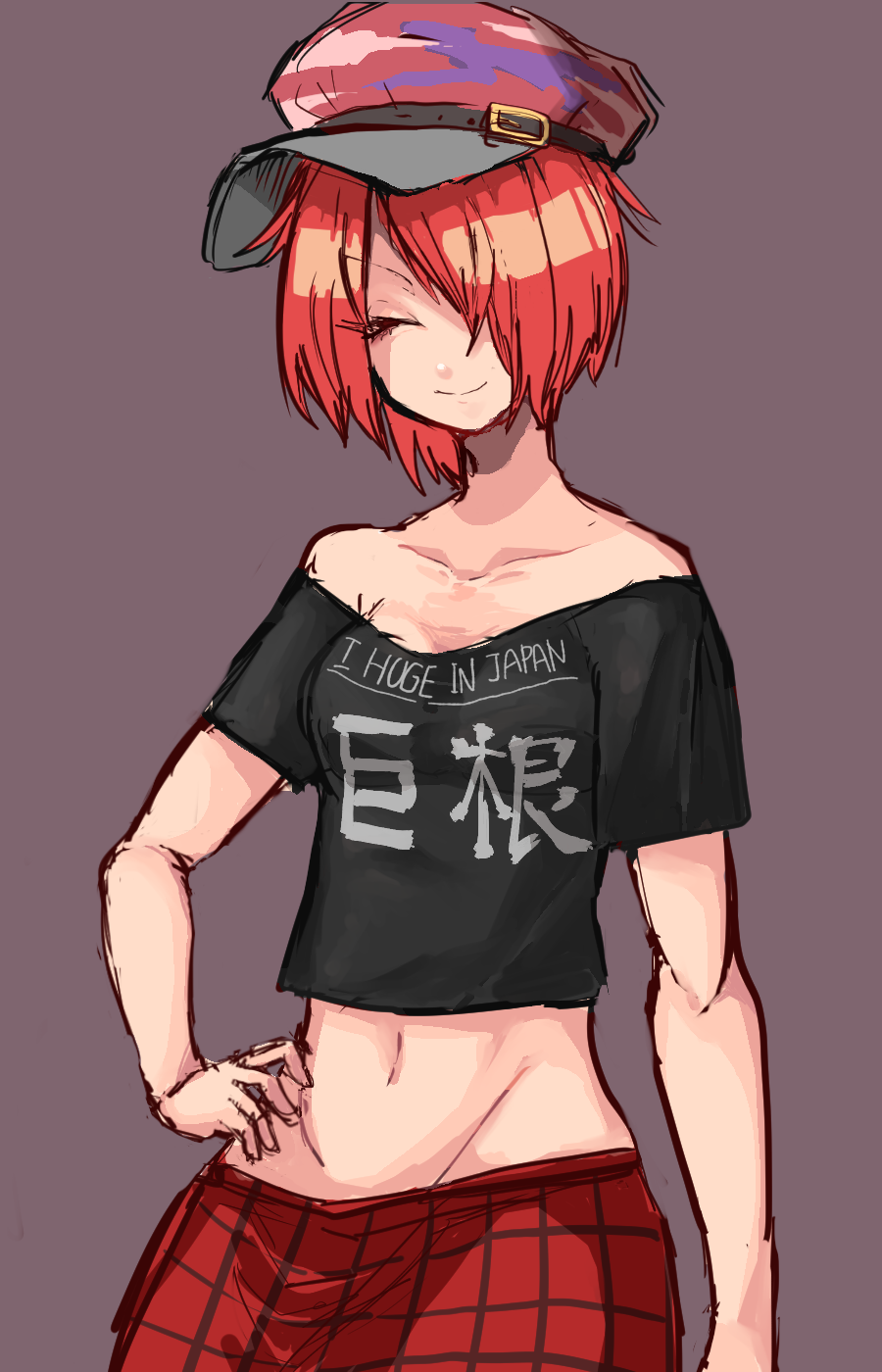 1girl, bangs, black_shirt, breasts, brown_background, closed_mouth, clothes_writing, commentary_request