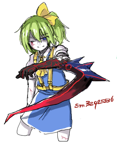 1girl, ascot, bangs, blood, blood_from_eyes, blue_eyes, blue_skirt, blue_vest, bois_de_justice, bow, closed_mouth, collared_shirt, colored_skin, commentary_request, cookie_(touhou), cowboy_shot, cuts, daiyousei, dies_irae, diyusi_(cookie), eyebrows_visible_through_hair, green_hair, hair_bow, high-visibility_vest, injury, looking_at_viewer, medium_hair, niconico_id, ponytail, shimosuke, shinza_bansho_series, shirt, short_sleeves, simple_background, skirt, solo, touhou, unusually_open_eyes, vest, white_background, white_shirt, white_skin, yellow_ascot, yellow_bow