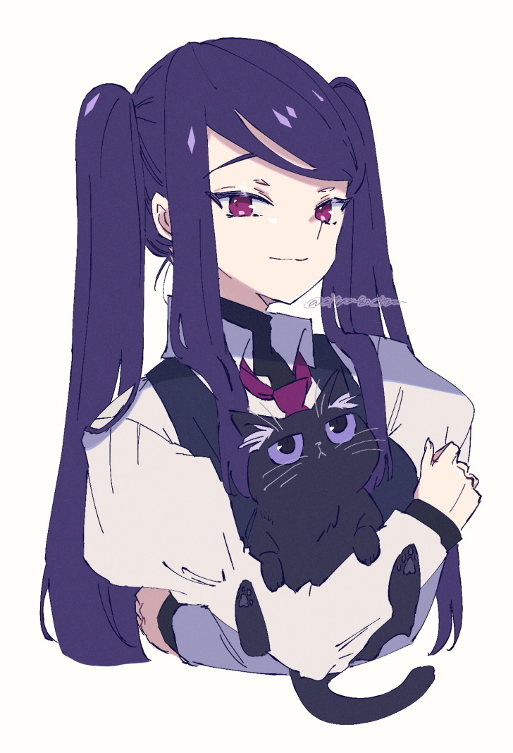 1girl, 1other, artist_name, bangs, bartender, black_cat, cat, citron80citron, fore, hug, jill_stingray, long_hair, necktie, purple_hair, red_eyes, shirt, twintails, va-11_hall-a, vest, white_background, white_shirt