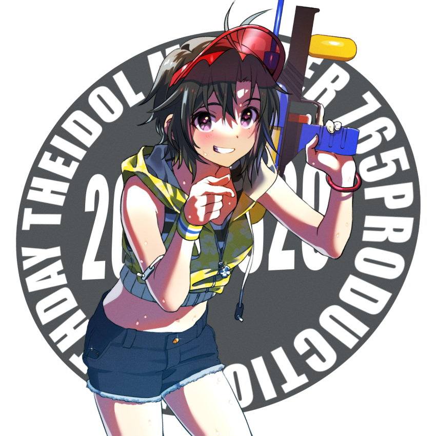 1girl, antenna_hair, black_hair, cowboy_shot, cropped_hoodie, english_text, grin, hair_between_eyes, highres, hood, hood_down, hoodie, idolmaster, idolmaster_million_live!, kikuchi_makoto, looking_at_viewer, midriff, omitsu, pointing, short_hair, short_shorts, shorts, smile, solo, standing, sweat, violet_eyes, visor_cap, water_gun