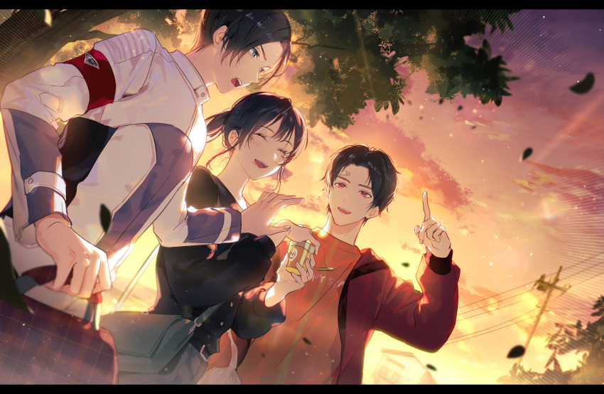 1girl, 2boys, after_battle, aqua_eyes, armband, autumn, bag, black_shirt