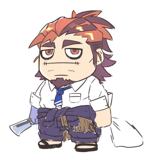1boy, bags_under_eyes, boogeyman_(housamo), brown_hair, chibi, commentary_request, facial_hair, goatee