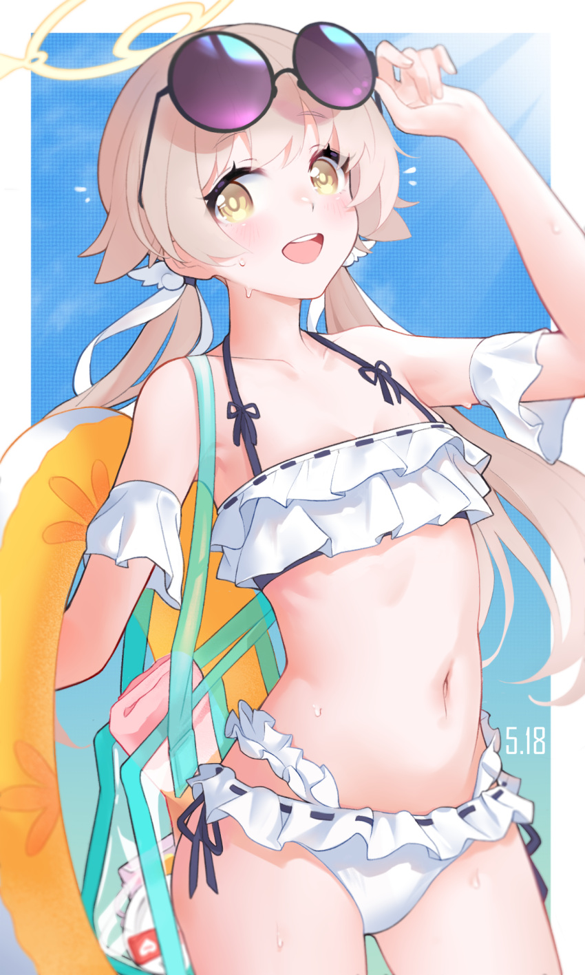 1girl, bangs, bikini, blue_archive, blush, brown_hair, eyebrows_visible_through_hair, eyewear_on_head