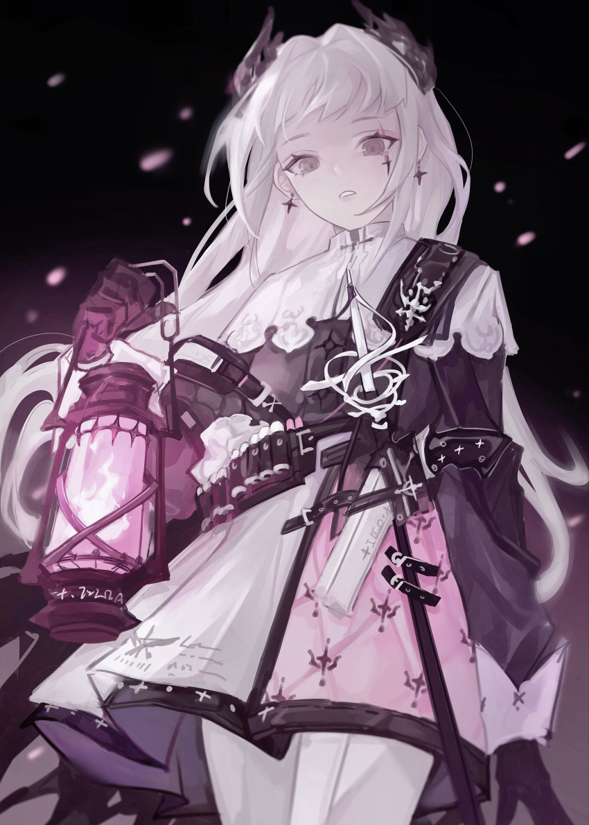 1girl, absurdres, arknights, black_background, black_gloves, black_shirt, capelet, commentary_request