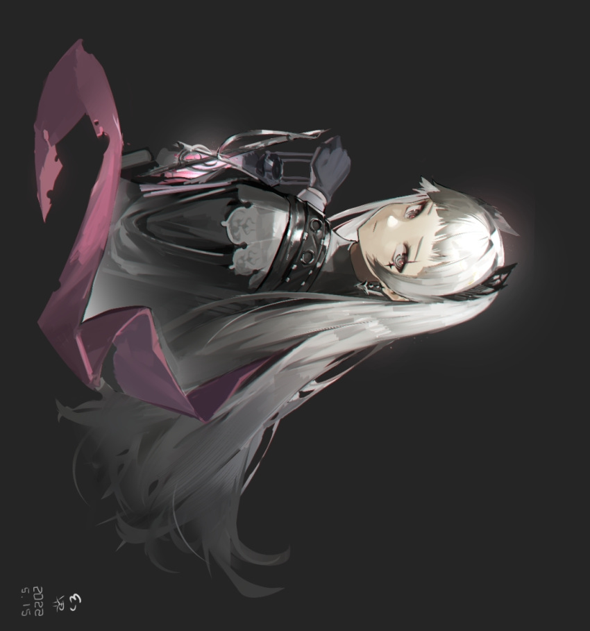 1girl, arknights, black_background, black_gloves, black_jacket, commentary_request, cropped_torso, dated, exif_rotation, gloves, grey_eyes, grey_hair, holding, holding_lantern, irene_(arknights), jacket, lantern, long_hair, long_sleeves, looking_at_viewer, looking_to_the_side, puffy_long_sleeves, puffy_sleeves, simple_background, solo, upper_body, very_long_hair, xiaohuanjie