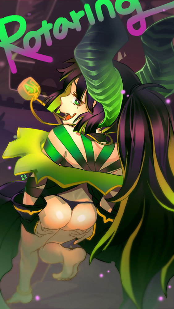 1girl, :d, ass, back, bangs, bare_shoulders, barefoot, black_gloves, black_hair, black_panties, commission, dota_(series), dota_2, edich_art, fingerless_gloves, full_body, genderswap, genderswap_(mtf), gloves, green_eyes, horns, jewelry, long_hair, looking_at_viewer, looking_back, mole, mole_under_eye, necklace, open_mouth, panties, ponytail, pugna_(dota_2), smile, soles, solo, thong, toes, underwear