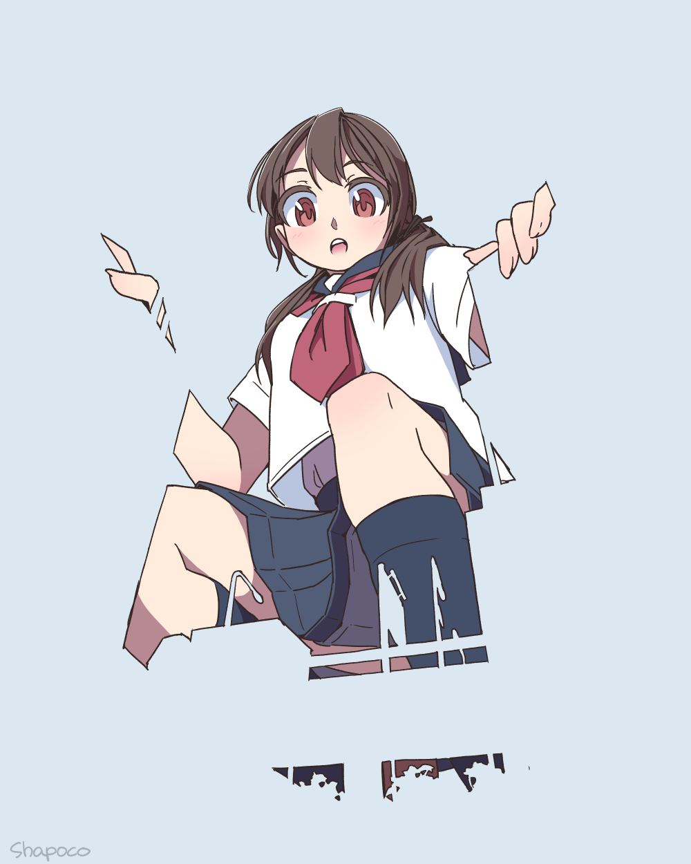 1girl, :o, artist_name, bangs, black_legwear, brown_eyes, brown_hair, from_below, giant, giantess, grey_background, grey_sailor_collar, grey_skirt, hair_over_shoulder, highres, kneehighs, looking_at_viewer, low_twintails, neckerchief, open_mouth, original, perspective, pleated_skirt, red_eyes, red_neckerchief, sailor_collar, school_uniform, serafuku, shapoco, shirt, short_sleeves, skirt, solo, squatting, twintails, twitter_username, white_shirt