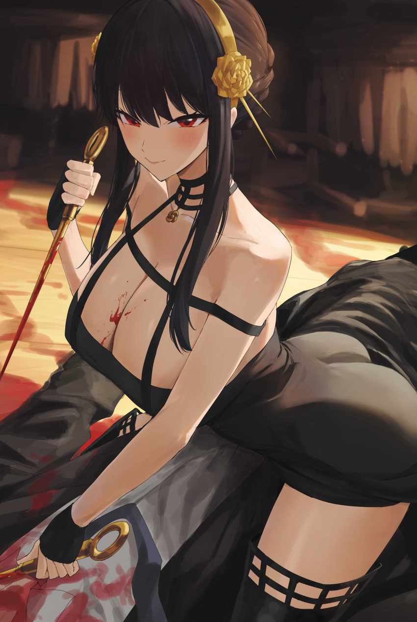 1boy, 1girl, absurdres, ass, bare_shoulders, black_choker, black_dress, black_hair