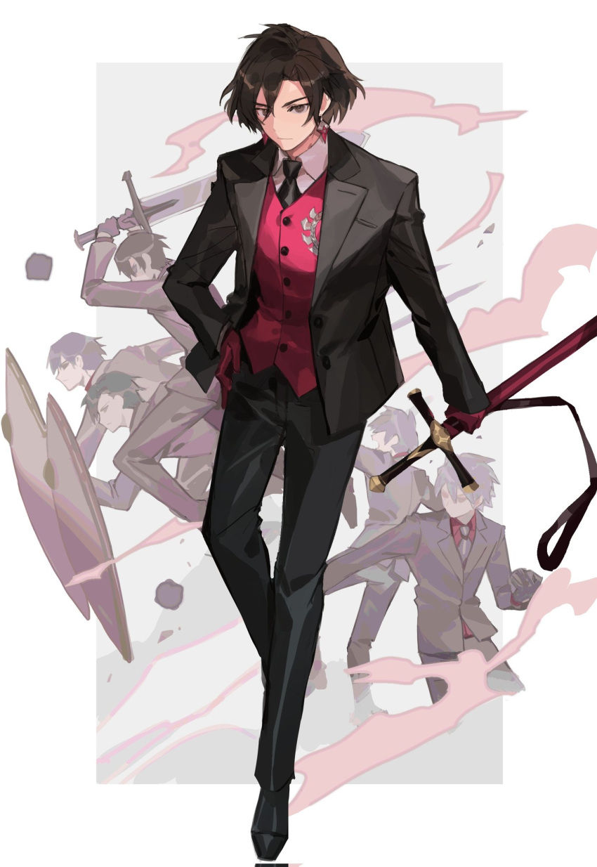 6+boys, :|, ahoge, bangs, black_eyes, black_footwear, black_hair, black_jacket, black_necktie, black_pants, closed_mouth, collared_shirt, constantine_xi_(fate), earrings, eboe5lq0tgsdriq, expressionless, fate/grand_order, fate_(series), full_body, gloves, hair_between_eyes, hand_on_hip, highres, holding, holding_shield, holding_sword, holding_weapon, jacket, jewelry, long_sleeves, looking_at_viewer, male_focus, medium_hair, multiple_boys, necktie, no_eyewear, pants, red_gloves, red_vest, shield, shirt, shoes, short_hair, solo_focus, sword, vest, weapon, white_shirt