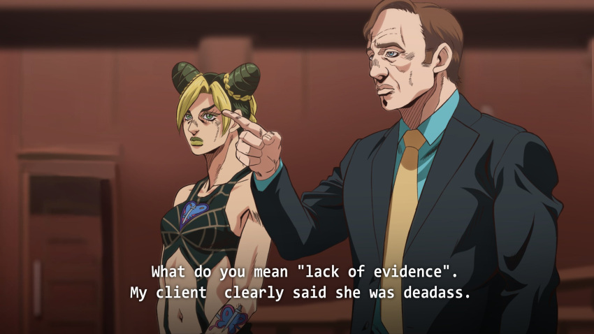 1boy, 1girl, araki_hirohiko_(style), better_call_saul, black_suit, blue_eyes, blue_shirt, brown_hair