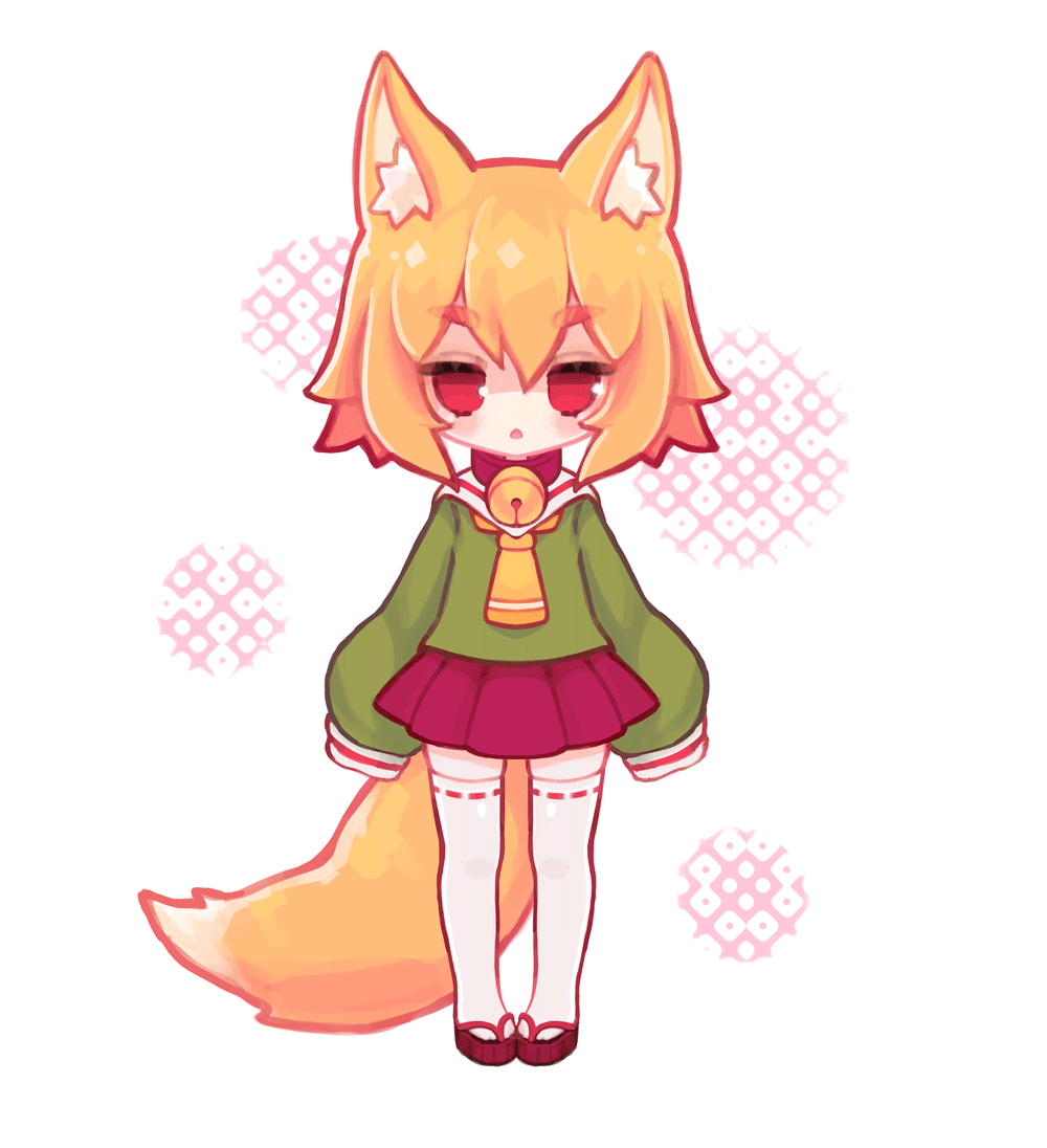 1girl, :o, akane_stradanya, animal_ear_fluff, animal_ears, animated, animated_gif, bangs, bell, blonde_hair, borrowed_character, brown_footwear, collar, commentary, eyebrows_visible_through_hair, fox_ears, fox_girl, fox_tail, full_body, green_shirt, hair_between_eyes, jingle_bell, kemomimi-chan_(naga_u), long_sleeves, looking_at_viewer, neck_bell, original, parted_lips, pleated_skirt, red_collar, red_eyes, red_skirt, ribbon-trimmed_legwear, ribbon_trim, shirt, short_eyebrows, skirt, sleeves_past_fingers, sleeves_past_wrists, solo, standing, straight-on, tail, thick_eyebrows, thigh-highs, white_background, white_legwear, zouri