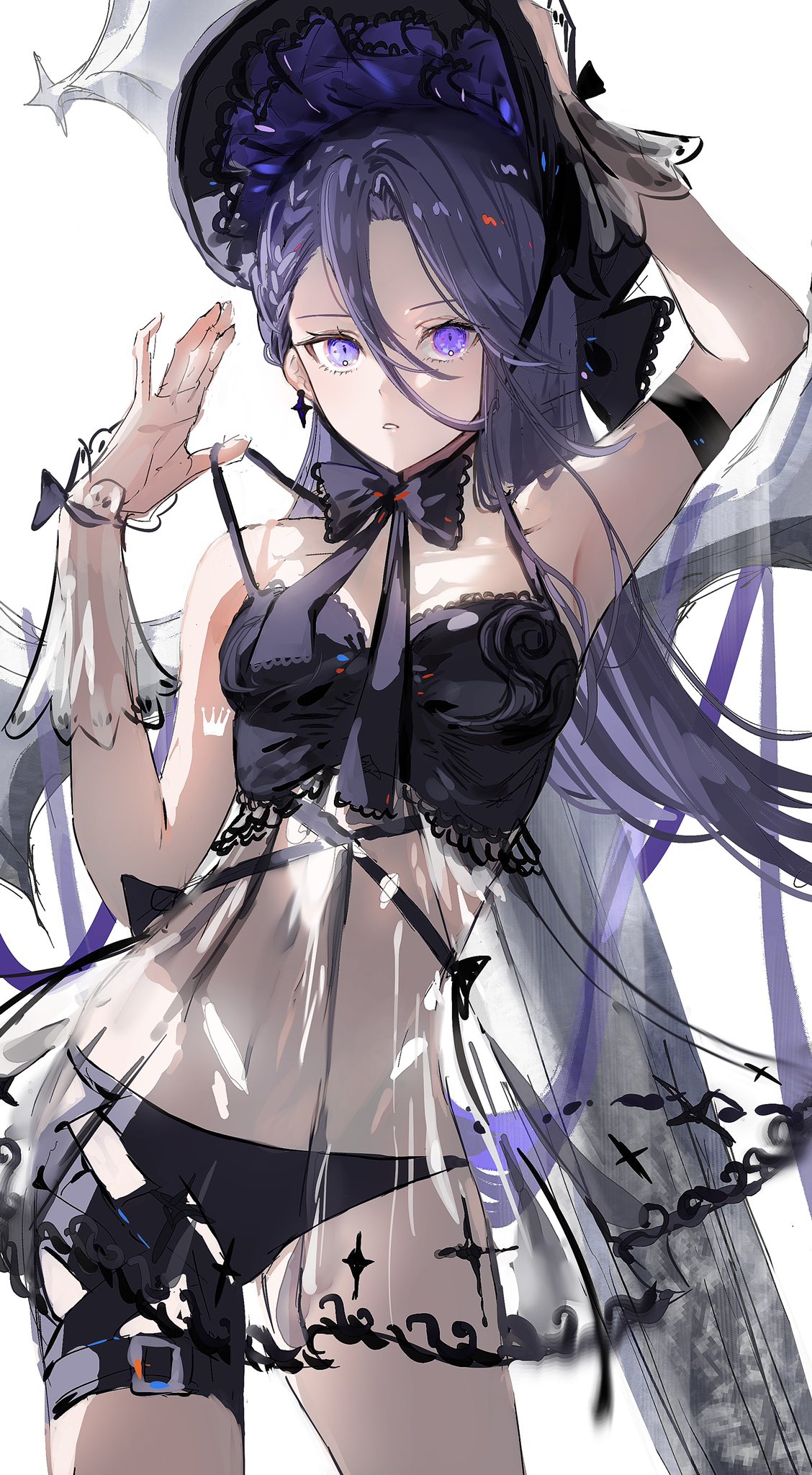 1girl, armband, babydoll, bow, bowtie, braid, cowboy_shot, earrings, hand_on_headwear, hat, highres, jewelry, leg_belt, long_hair, looking_at_viewer, nanaponi, original, panties, parted_lips, sleeveless, solo, strap_pull, underwear, violet_eyes, white_background