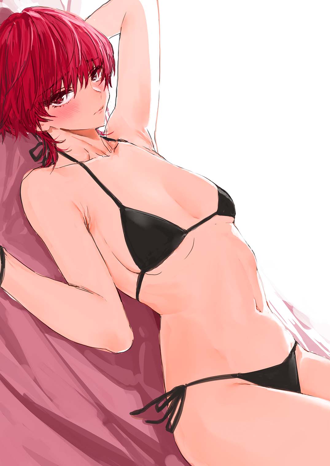 1girl, arm_up, bangs, bed_sheet, bikini, black_bikini, blush, breasts
