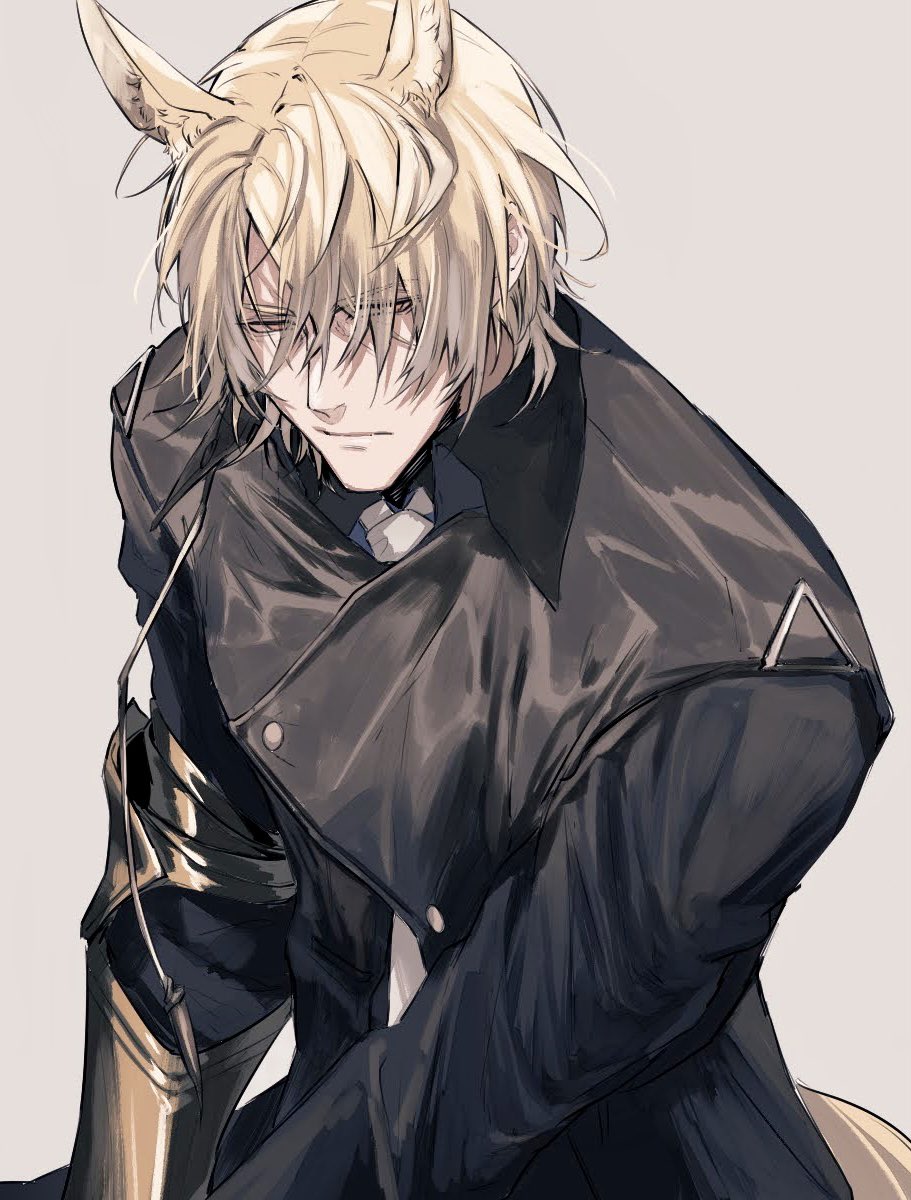 1boy, animal_ears, arknights, bangs, bishounen, blonde_hair, chimi_(s8s8_bb), coat