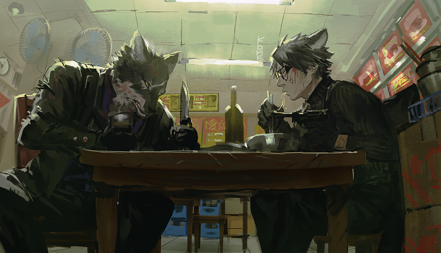 2boys, angry, arknights, black_gloves, blood, blood_on_face, capone_(arknights), coat