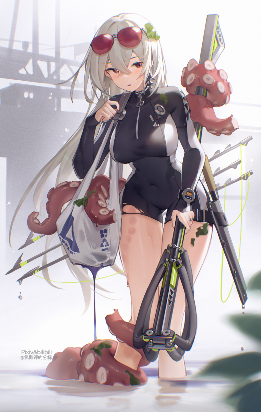 1girl, absurdres, arknights, bag, bangs, bilibili_xiaolu, black_swimsuit, bodysuit