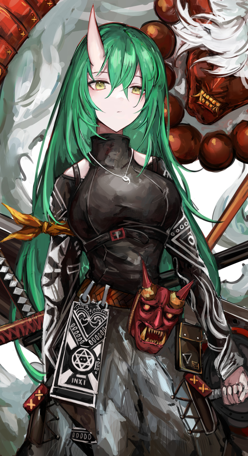 1girl, absurdres, arknights, arm_scarf, bangs, beads, breasts, closed_mouth
