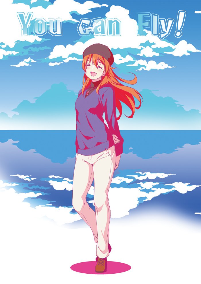 1girl, bangs, beret, blue_sky, closed_eyes, clouds, cloudy_sky, commentary_request, english_text, female_singer_(love_live!), full_body, hat, jewelry, katoryu_gotoku, long_hair, love_live!, love_live!_school_idol_project, love_live!_the_school_idol_movie, necklace, ocean, orange_hair, pants, sidelocks, sky, smile, solo, standing, white_pants