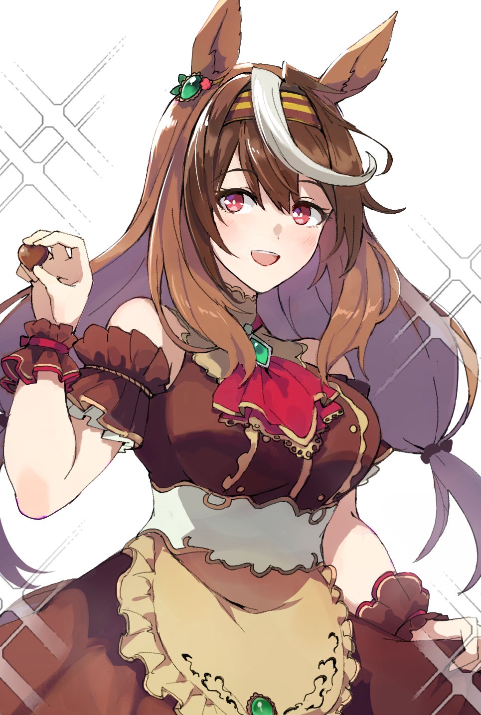 1girl, animal_ears, apron, arm_garter, ascot, bangs, bare_shoulders, blush, breasts, brown_dress, brown_hair, candy, chocolate, cosplay, dress, food, hairband, hand_up, heart, heart-shaped_chocolate, highres, holding, holding_chocolate, holding_food, horse_ears, kusanagi_kaoru, large_breasts, long_hair, looking_at_viewer, mihono_bourbon_(code:glassage)_(umamusume), mihono_bourbon_(umamusume), mihono_bourbon_(umamusume)_(cosplay), multicolored_hair, open_mouth, red_ascot, red_eyes, skirt_hold, sleeveless, sleeveless_dress, smile, solo, sparkle, streaked_hair, symboli_rudolf_(umamusume), teeth, umamusume, upper_body, upper_teeth, waist_apron, wrist_cuffs