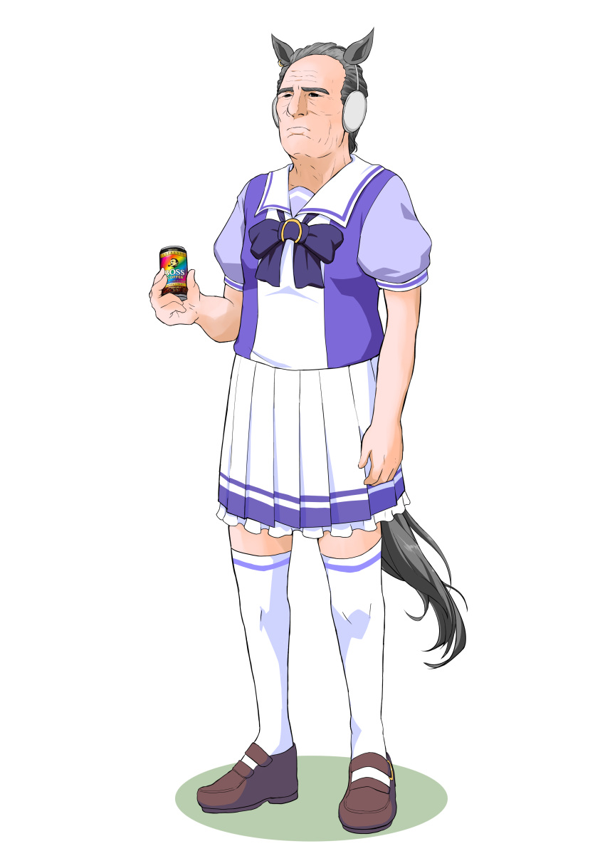 1boy, absurdres, animal_ears, arm_at_side, bishoujo_rikishi, boss_coffee, brown_footwear, can
