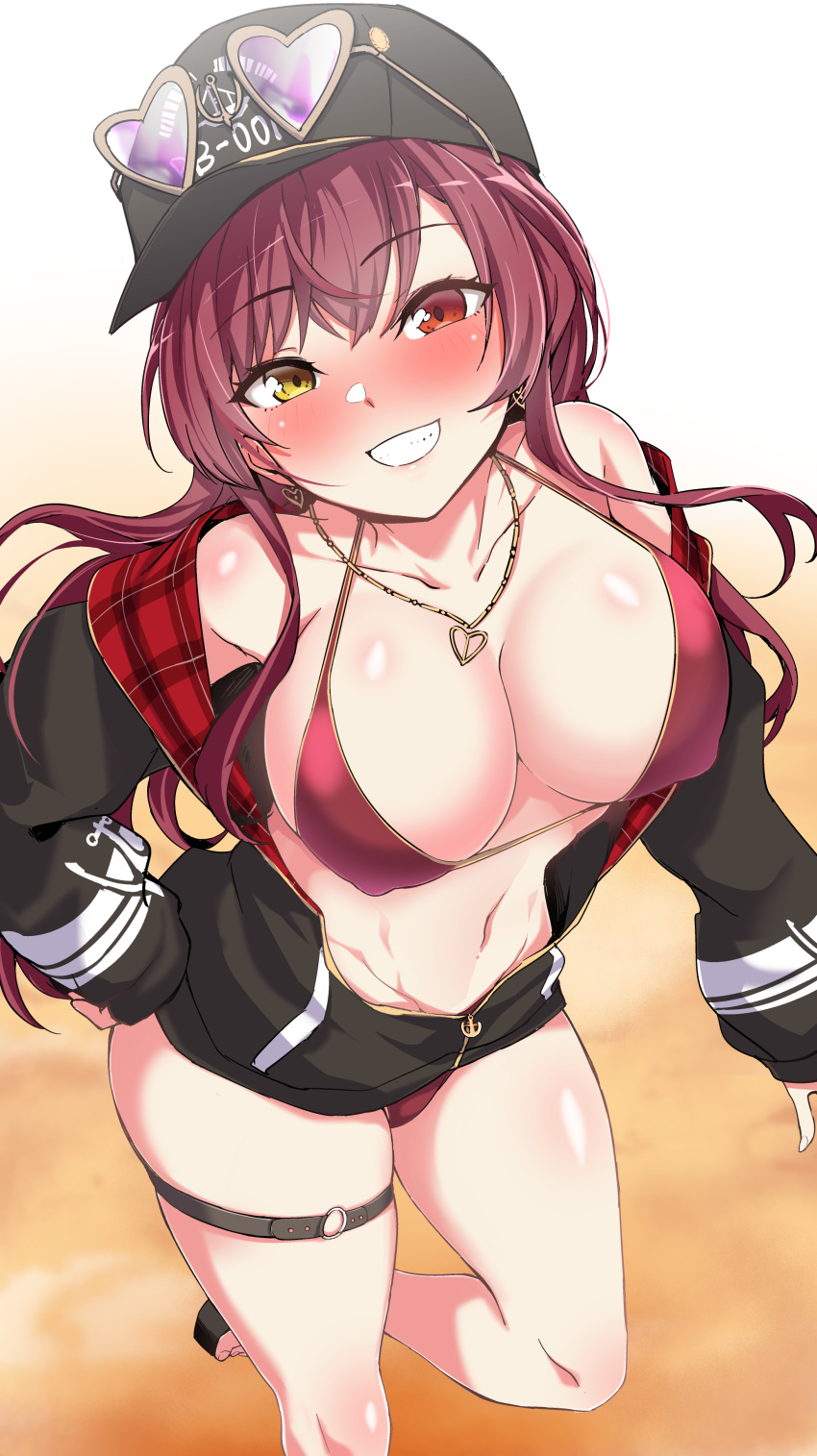 1girl, absurdres, bangs, bare_shoulders, baseball_cap, bikini, bikini_under_clothes, black_headwear