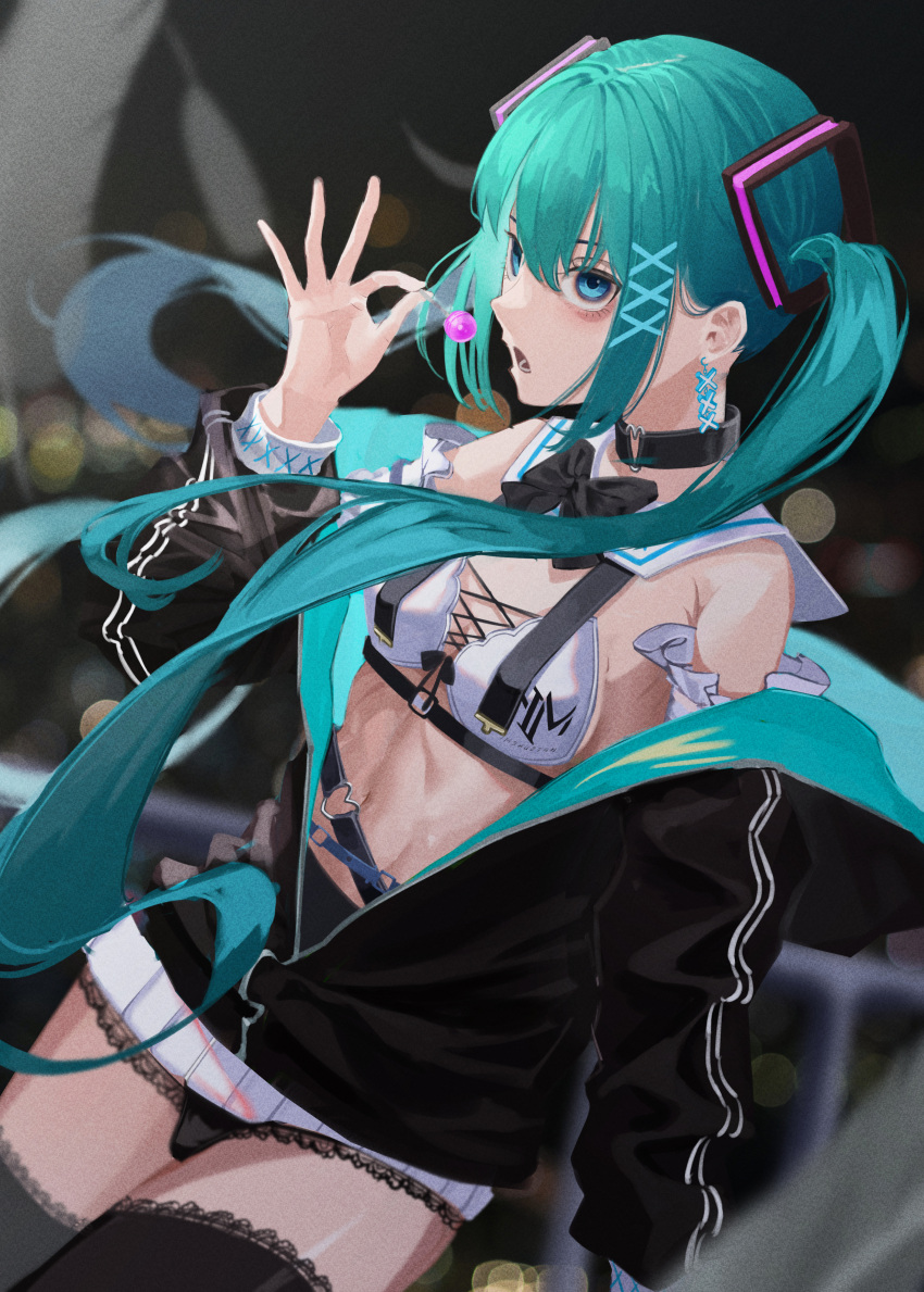 1girl, absurdres, aqua_eyes, aqua_hair, black_jacket, black_legwear, bra, candy