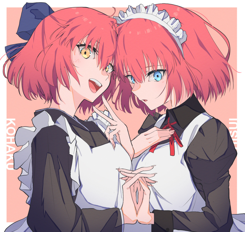 2girls, anianiani0607, apron, blue_eyes, eyebrows_visible_through_hair, frilled_apron, frills, highres, hisui_(tsukihime), kohaku_(tsukihime), looking_at_viewer, maid, maid_apron, maid_headdress, multiple_girls, redhead, siblings, sisters, tsukihime, twins, type-moon, v, white_apron, yellow_eyes