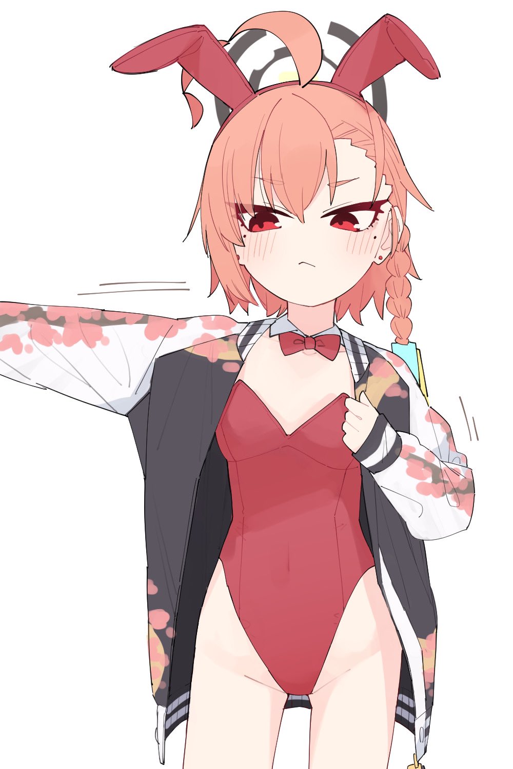 1girl, :<, ahoge, animal_ears, asymmetrical_bangs, bangs, blue_archive, blush
