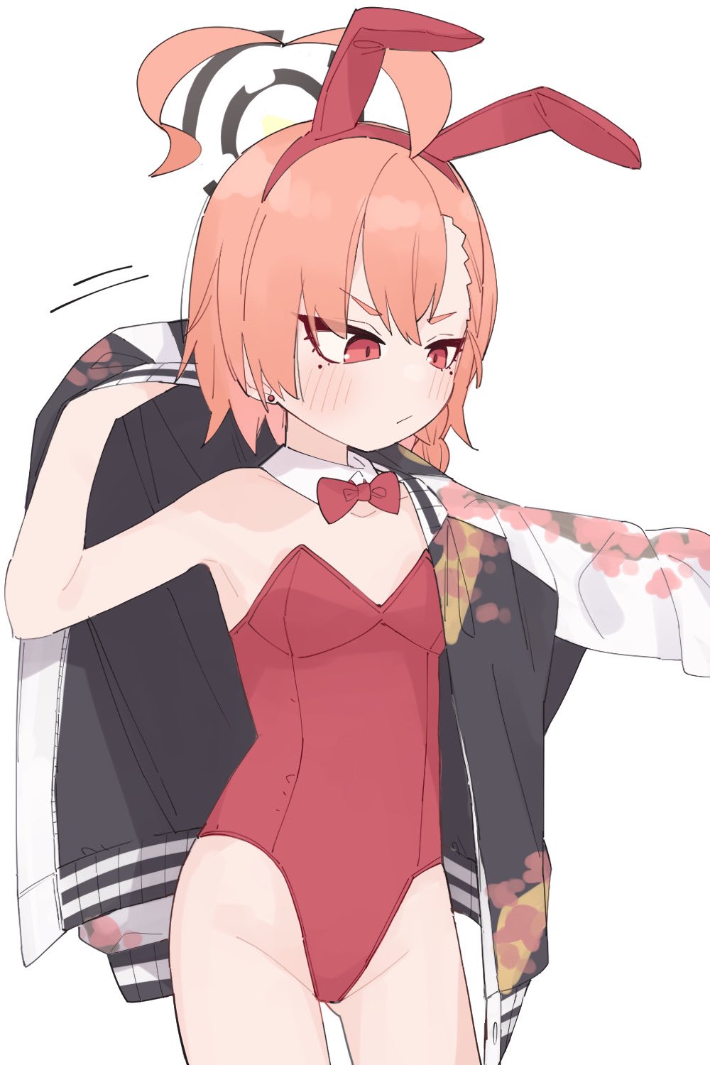 1girl, ahoge, animal_ears, arm_up, asymmetrical_bangs, bangs, blue_archive, blush