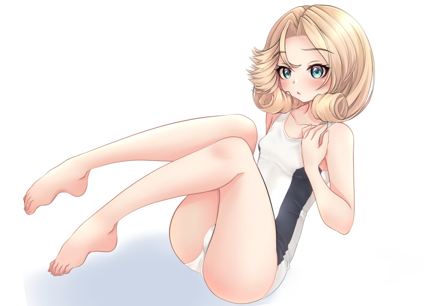 1girl, absurdres, alternate_costume, barefoot, blonde_hair, blue_eyes, collarbone, commentary_request