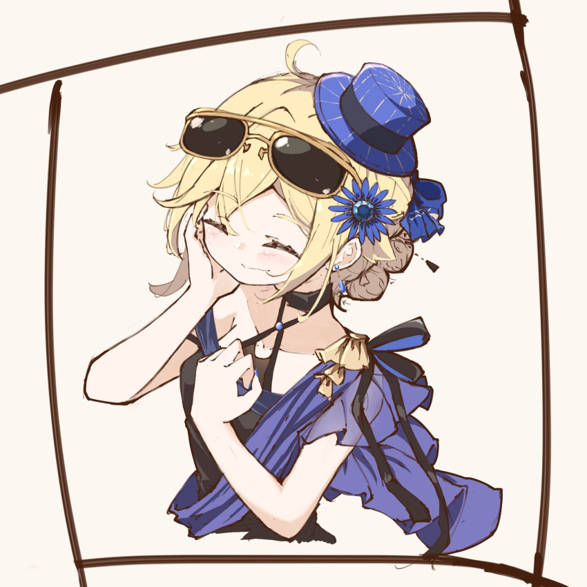 1girl, aviator_sunglasses, black_choker, blonde_hair, blue_dress, blue_flower, blue_headwear, blue_nails