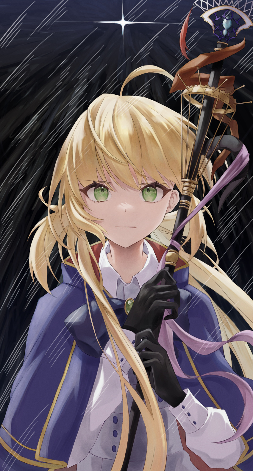 1girl, absurdres, ahoge, artoria_caster_(fate), artoria_caster_(second_ascension)_(fate), artoria_pendragon_(fate), bangs, black_gloves, blonde_hair, blue_headwear, blush, closed_mouth, daachan, eyebrows_visible_through_hair, fate/grand_order, fate_(series), gloves, green_eyes, hair_between_eyes, hat, highres, holding, long_hair, long_sleeves, looking_at_viewer, shirt, simple_background, solo, twintails