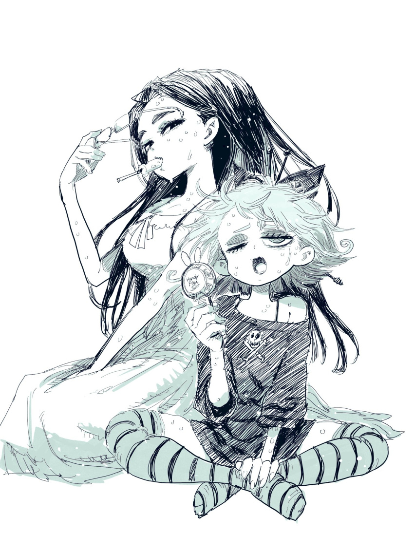 2girls, breasts, dress, eating, glasses, greyscale, hair_ornament, highres