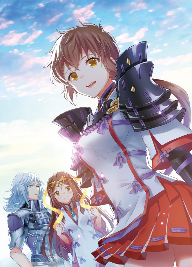 1boy, 2girls, armor, brown_hair, crosier, fan_la_norne, hagoromo, jin_(xenoblade)