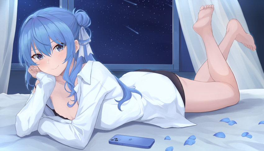 1girl, bare_legs, barefoot, bed_sheet, black_panties, blue_eyes, blue_hair, blue_petals, blush, bra, bra_peek, cellphone, closed_mouth, feet_up, flat_chest, hair_bun, hair_ribbon, highres, hololive, hoshimachi_suisei, legs, long_hair, long_sleeves, lying, night, night_sky, no_pants, on_stomach, panties, phone, ribbon, shirt, shooting_star, sidelocks, sky, smartphone, smile, solo, star_(sky), star_(symbol), star_in_eye, starry_sky, strap_slip, symbol_in_eye, terry_(pixiv3274443), the_pose, unbuttoned, unbuttoned_shirt, underwear, virtual_youtuber, white_shirt, window