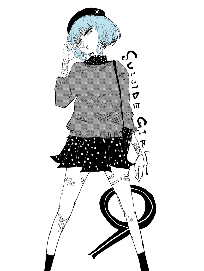 1girl, absurdres, bandaid, bandaid_on_arm, bandaid_on_knee, bandaid_on_leg, bandaid_on_wrist, blue_hair