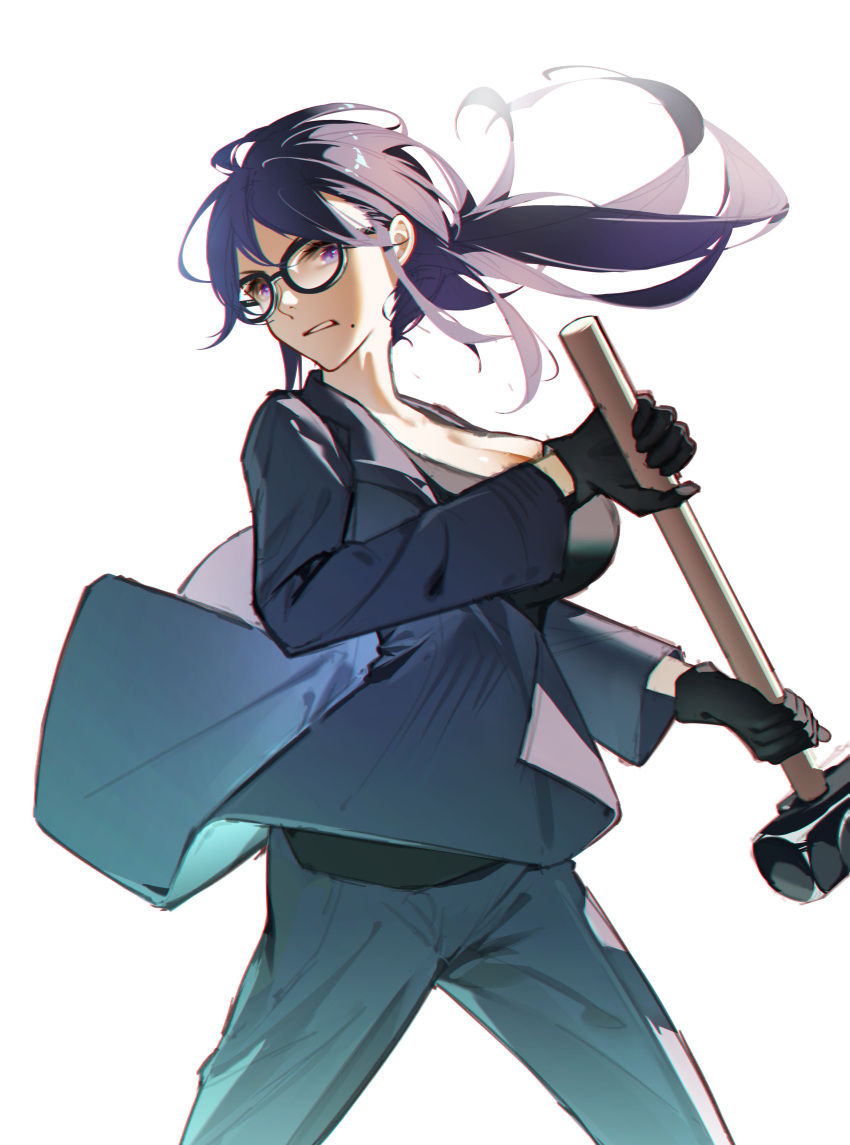 1girl, absurdres, black_hair, breasts, glasses, hammer, highres, holding