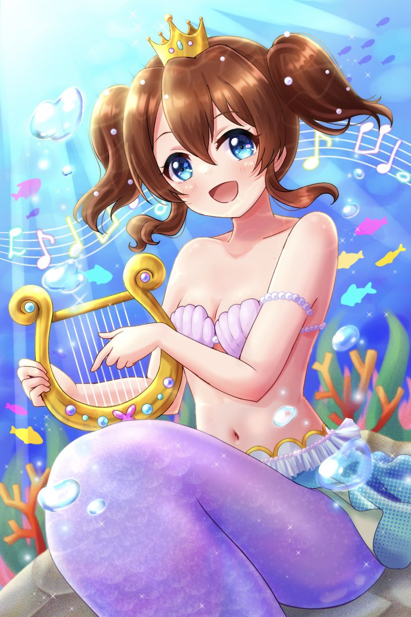 1girl, :d, air_bubble, bare_shoulders, blue_eyes, blue_skirt, breasts, brown_hair