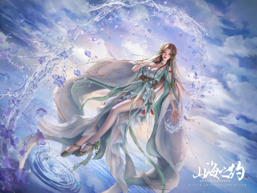 1girl, absurdres, asymmetrical_legwear, baiguio_(zhu_xian), bi_yao_zhuye, blue_sky, brown_hair, clouds