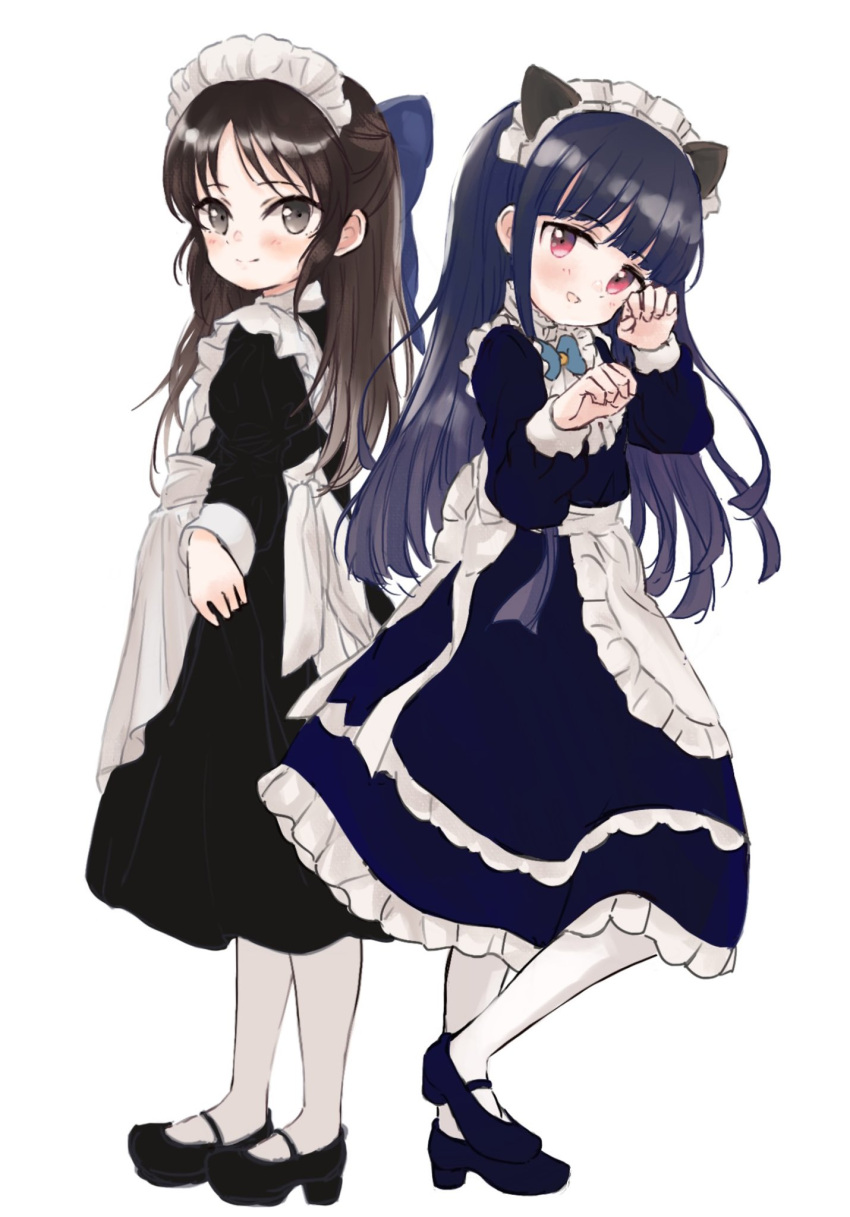 2girls, alternate_costume, animal_ears, apron, bangs, black_dress, black_footwear, blue_bow, blue_hair, blush, bow, bowtie, brown_eyes, brown_hair, cat_ears, collared_dress, commentary_request, dress, enmaided, eyebrows_visible_through_hair, fake_animal_ears, flat_chest, frilled_apron, frilled_skirt, frills, hair_bow, hands_up, highres, idolmaster, idolmaster_cinderella_girls, leg_up, long_hair, long_sleeves, looking_at_viewer, maid, maid_apron, maid_headdress, multiple_girls, open_mouth, paw_pose, red_eyes, sajo_yukimi, shin_fuj, shoes, sidelocks, skirt, smile, standing, tachibana_arisu, waist_apron, white_apron, white_background, white_legwear, wrist_cuffs