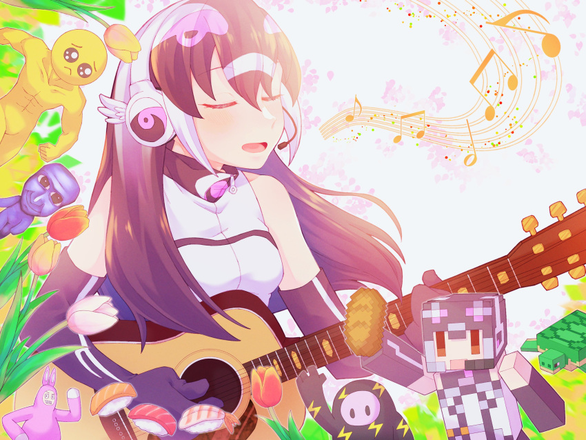 1girl, african_penguin_(kemono_friends), animal_costume, black_hair, closed_eyes, gloves, guitar, hauru_252