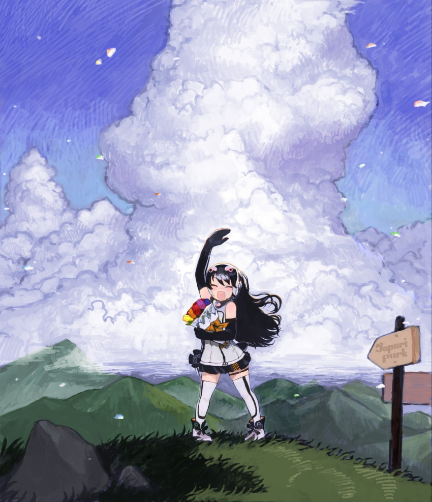 1girl, african_penguin_(kemono_friends), animal_costume, black_hair, flower, handsdsds, headphones, highres
