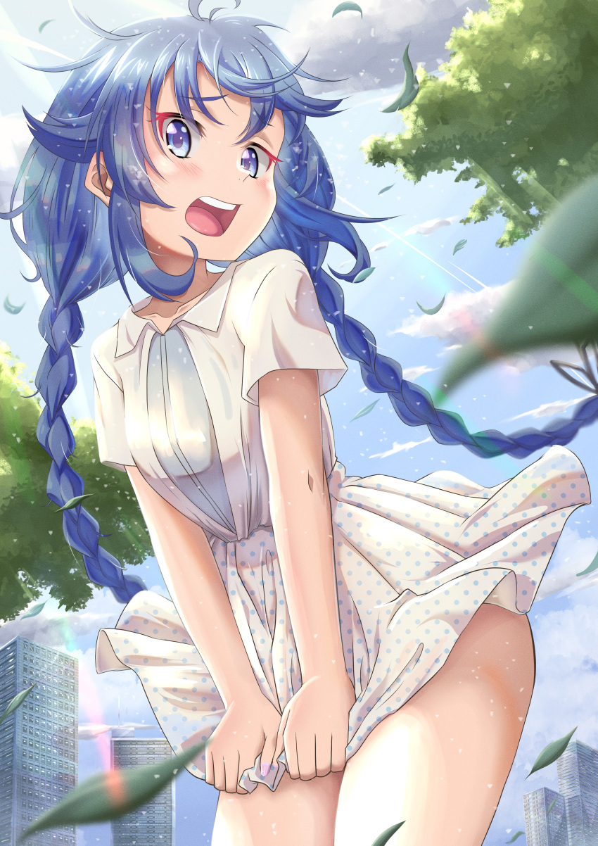 1girl, absurdres, bangs, blue_eyes, blue_hair, highres, honba_misaki, leaf