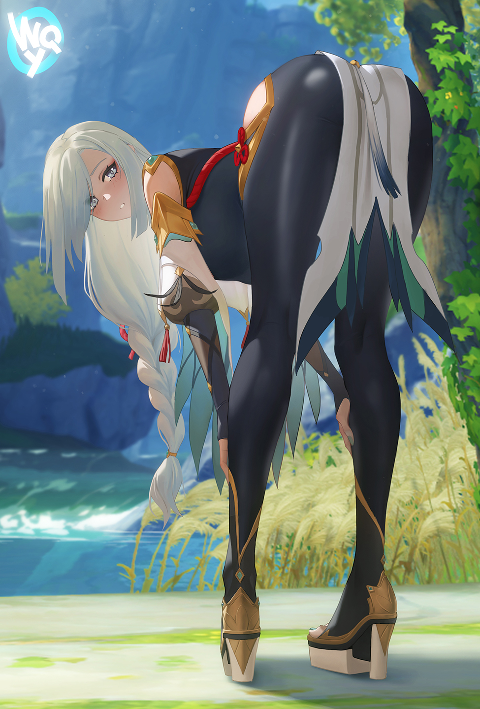 :o, ass, bangs, bare_shoulders, bent_over, black_bodysuit, black_footwear, blue_eyes